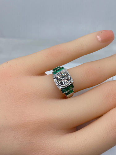Bague 52 Bague Art Déco Platine, Diamant 1,55cts et Emeraudes 58 Facettes