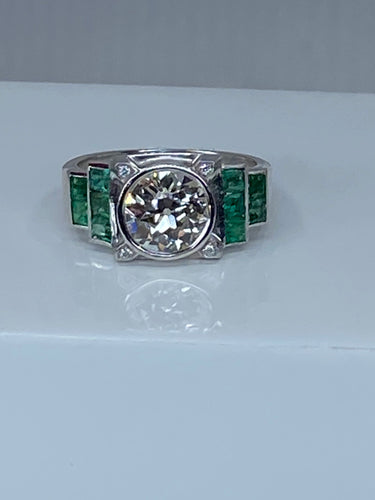 Bague 52 Bague Art Déco Platine, Diamant 1,55cts et Emeraudes 58 Facettes
