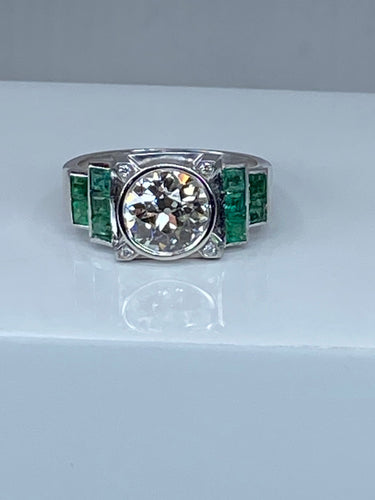 Bague 52 Bague Art Déco Platine, Diamant 1,55cts et Emeraudes 58 Facettes