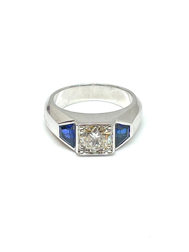 Bague Chevalière or blanc diamant 0,92 carat saphirs synthétiques 58 Facettes