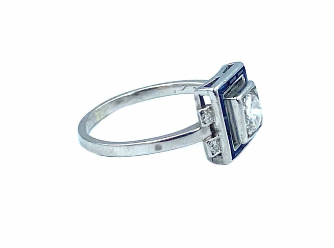 Bague Bague Art Déco platine, diamants et saphirs calibrés 58 Facettes