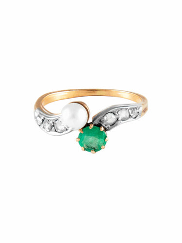 Bague 54 Bague Ancienne "Toi & Moi" Émeraude Perle Diamants 58 Facettes