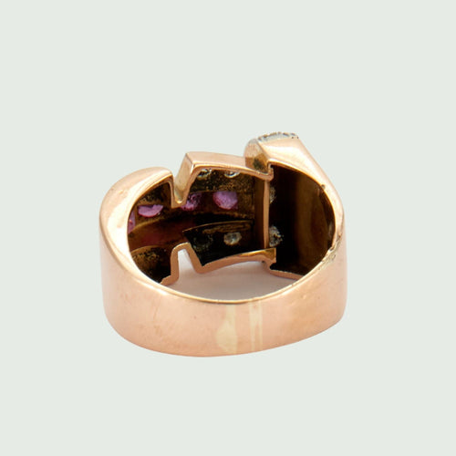 Bague Bague design rétro des années 1940-45 en or 18 kt avec diamants et corindon rubis 58 Facettes A2530 (793)