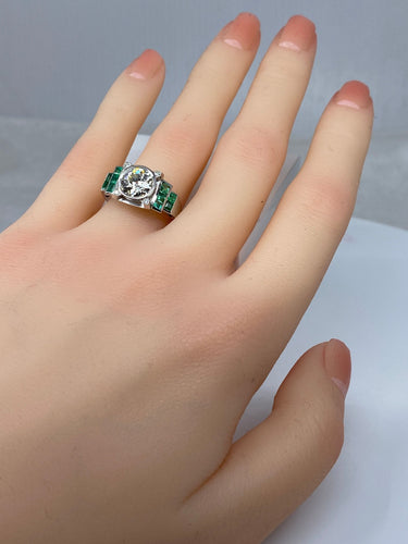 Bague 52 Bague Art Déco Platine, Diamant 1,55cts et Emeraudes 58 Facettes