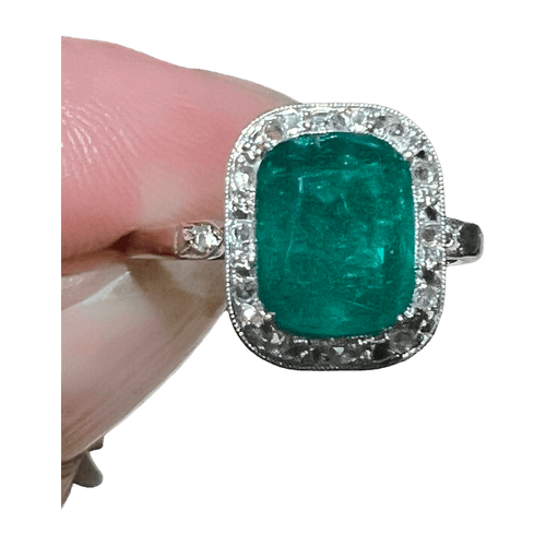 Bague 53 Bague Art Déco Or blanc Émeraude Diamants 58 Facettes