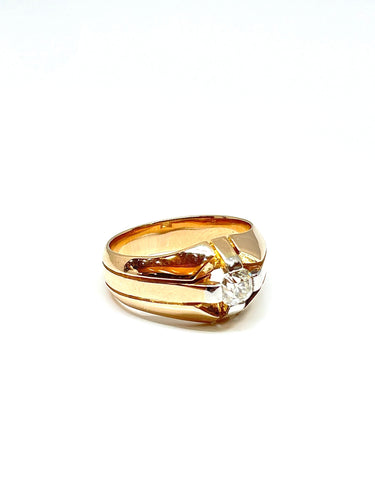 Bague 63 Chevalière ancienne en or rose, platine, diamant 58 Facettes