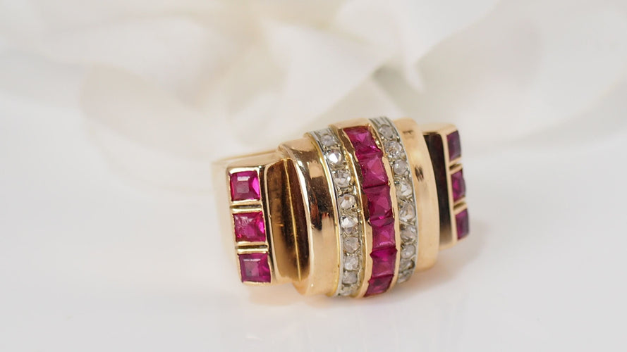 Bague Bague Tank en or rose, diamants et rubis 58 Facettes 27017