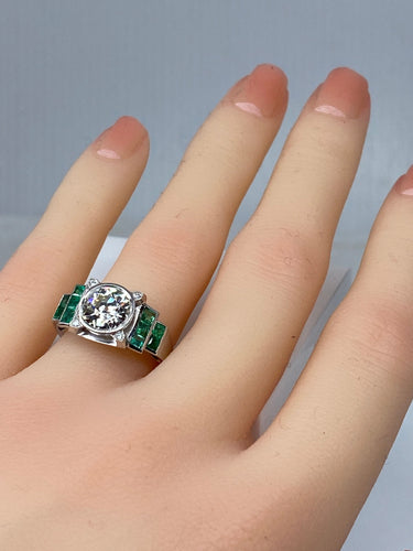 Bague 52 Bague Art Déco Platine, Diamant 1,55cts et Emeraudes 58 Facettes