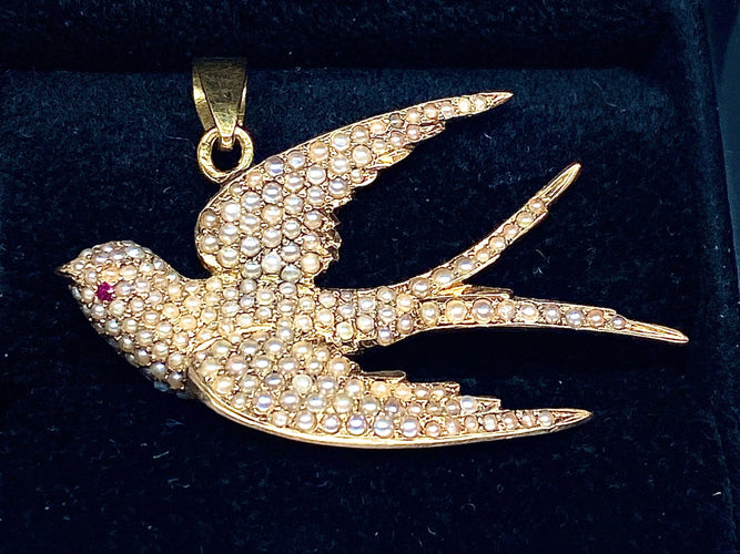 Pendentif Pendentif hirondelle perles fines rubis Napoléon III 58 Facettes