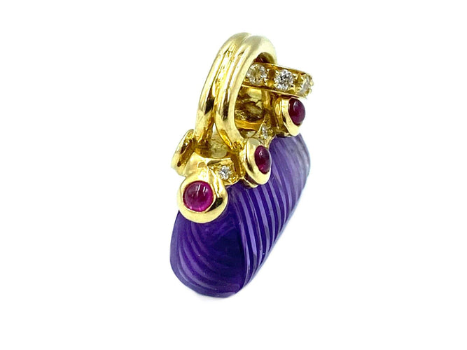 Pendentif Pendentif Sac à main en or jaune, améthyste, diamants et rubis 58 Facettes