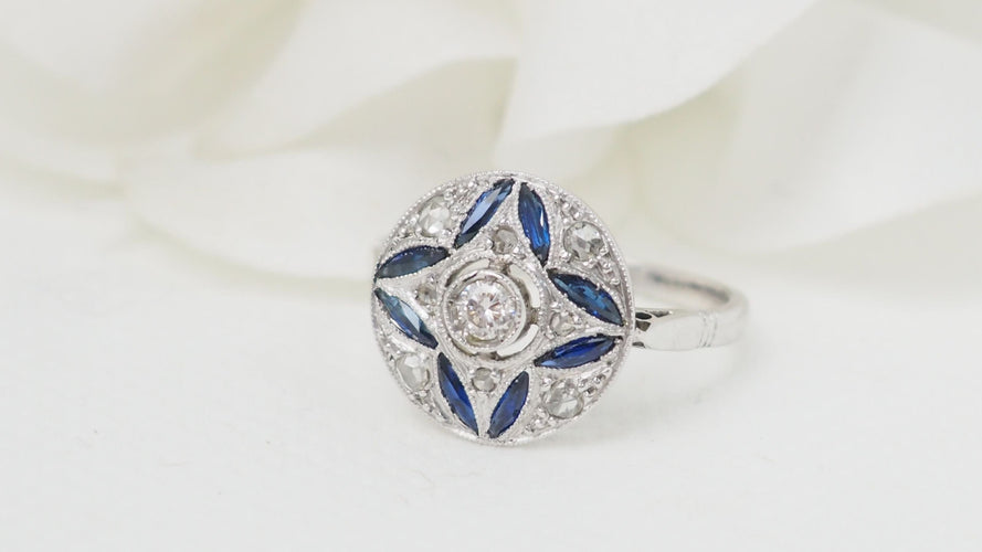 Bague 51 Bague Art Déco Or blanc Saphir Diamants 58 Facettes 32454