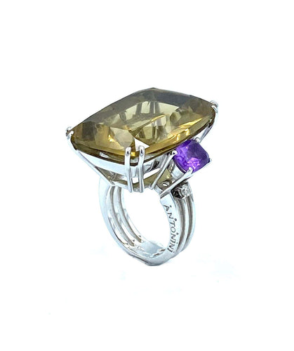 Bague Antonini. Bague or blanc quartz, améthystes et diamants 58 Facettes
