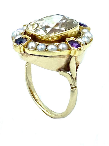 Bague Bague 19ème or saphir jaune, améthystes et perles fines 58 Facettes