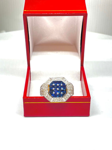 Bague Chevalière or blanc saphirs calibrés et diamants 58 Facettes