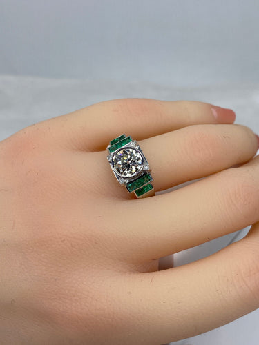 Bague 52 Bague Art Déco Platine, Diamant 1,55cts et Emeraudes 58 Facettes