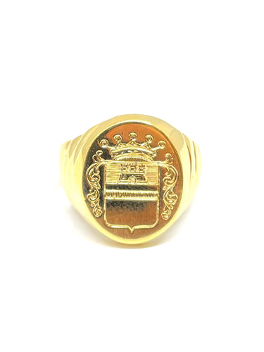 Bague Chevalière en or jaune gravure héraldique blason et couronne 58 Facettes