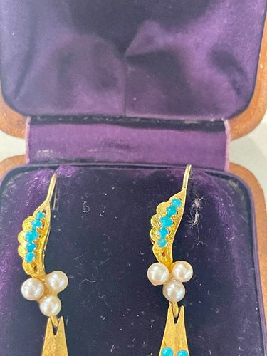 Boucles d'oreilles Pendants d'Oreilles Or, Turquoises Et Perles 58 Facettes