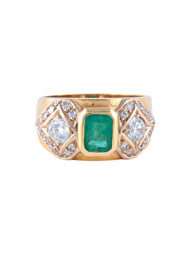 Bague Large Bague Or Jaune Emeraude et Diamants 58 Facettes