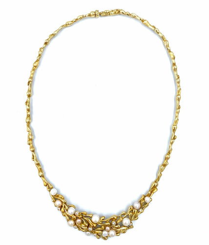 Collier GILBERT ALBERT. Collier or jaune, perles et diamants 58 Facettes