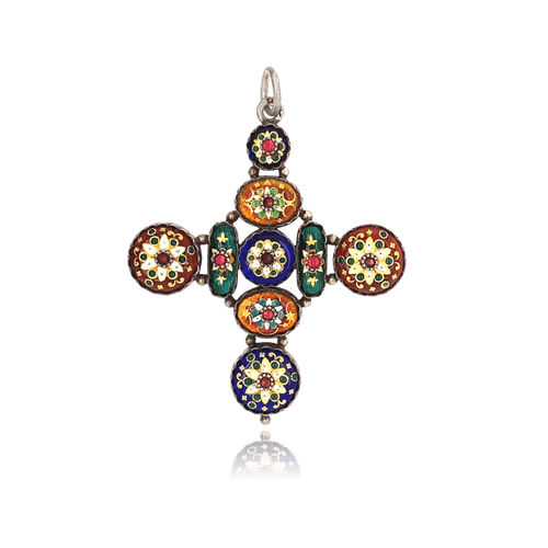 Pendentif Croix ancienne en argent et  Émaux Bressans 58 Facettes