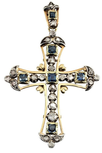 Pendentif CROIX ANCIENNE SAPHIRS ET DIAMANTS 58 Facettes 045791