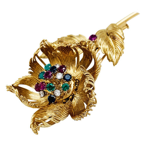 Broche Broche Cartier, "Fleur" en or jaune, diamants, émeraudes, rubis et saphirs. 58 Facettes 30236
