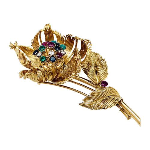 Broche Broche Cartier, "Fleur" en or jaune, diamants, émeraudes, rubis et saphirs. 58 Facettes 30236