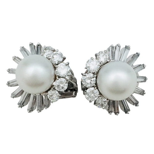 Boucles d'oreilles Boucles d'oreilles signées M.Gérard, platine diamants et perles des Mers du Sud. 58 Facettes 28457