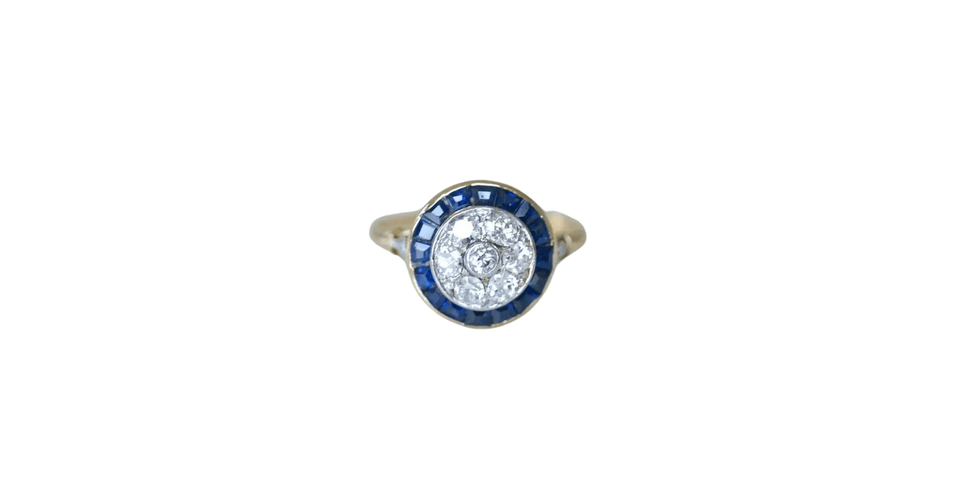 Bague 54 Bague cible Art Déco Or jaune Platine Diamants Saphirs 58 Facettes