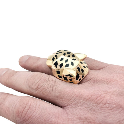 Bague 64 Bague Cartier modèle "Panthère" en or jaune, péridots, laque, onyx. 58 Facettes 29819-1