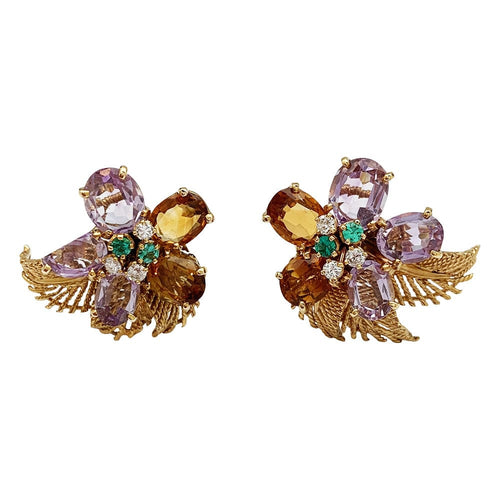Boucles d'oreilles Boucles d'oreilles Boucheron "Fleur" or jaune et platine, pierres de couleur. 58 Facettes 30377