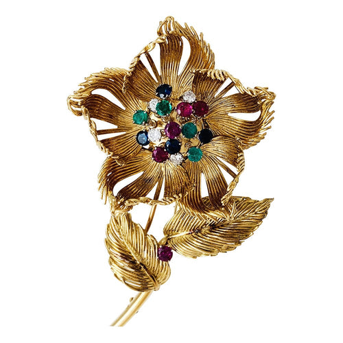 Broche Broche Cartier, "Fleur" en or jaune, diamants, émeraudes, rubis et saphirs. 58 Facettes 30236