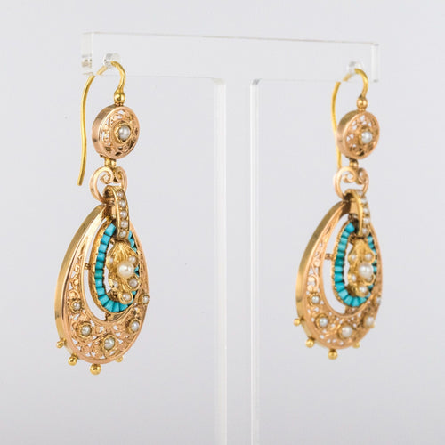 Boucles d'oreilles Pendants d'oreilles anciens turquoises et perles fines 58 Facettes 17-326A