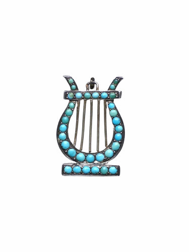 Pendentif Médaillon Lyre argent et turquoises 58 Facettes