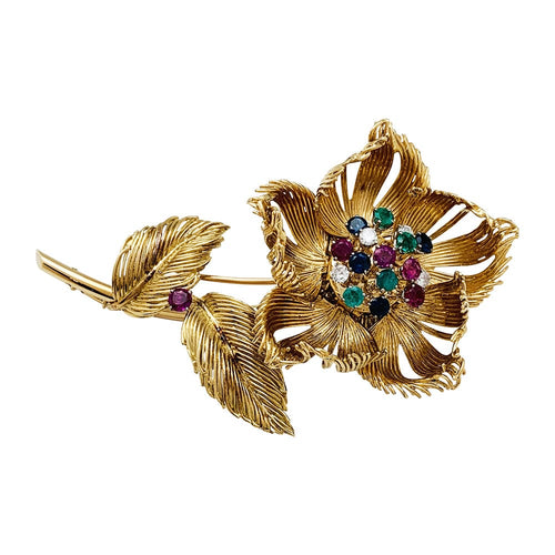 Broche Broche Cartier, "Fleur" en or jaune, diamants, émeraudes, rubis et saphirs. 58 Facettes 30236