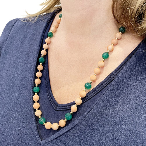 Collier Sautoir boules corail, chrysoprases, intercalaires or jaune. 58 Facettes 30348