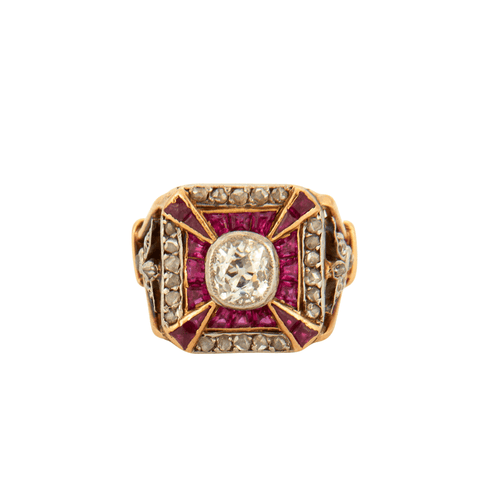 Bague 51 Bague Art Déco Diamant taille coussin Rubis 58 Facettes