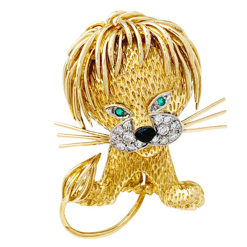 Broche Broche Van Cleef et Arpels "Lion ébouriffé" en or jaune, diamants, émeraudes et émail. 58 Facettes 30126