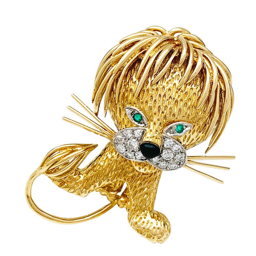 Broche Broche Van Cleef et Arpels "Lion ébouriffé" en or jaune, diamants, émeraudes et émail. 58 Facettes 30126