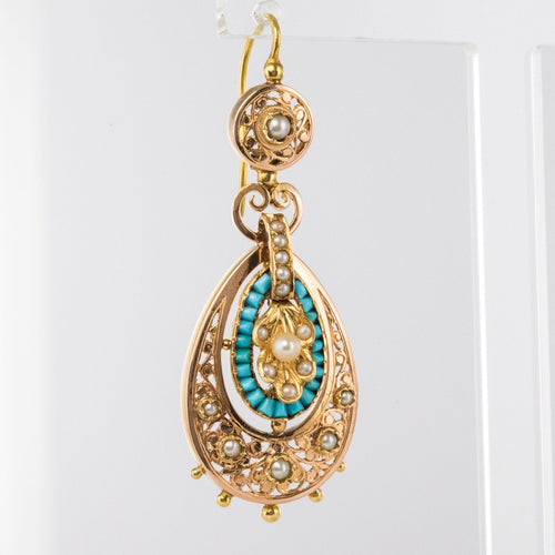 Boucles d'oreilles Pendants d'oreilles anciens turquoises et perles fines 58 Facettes 17-326A