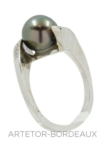 Bague 55 Bague moderne perle noire et diamants 58 Facettes 16461