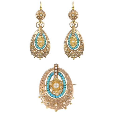 Boucles d'oreilles Pendants d'oreilles anciens turquoises et perles fines 58 Facettes 17-326A