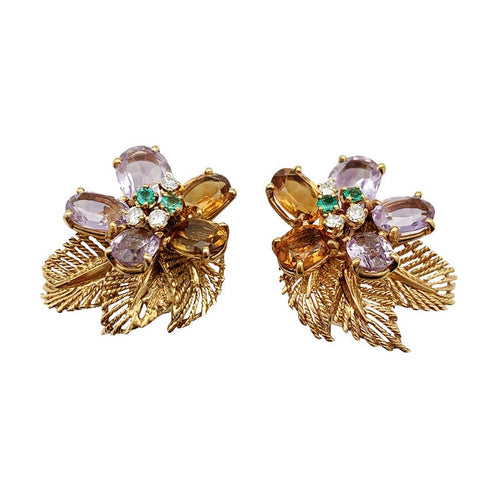 Boucles d'oreilles Boucles d'oreilles Boucheron "Fleur" or jaune et platine, pierres de couleur. 58 Facettes 30377