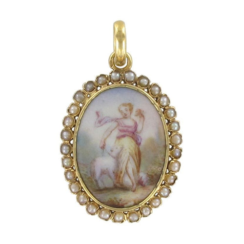 Pendentif Pendentif médaillon ancien miniature sur porcelaine et perles fines 58 Facettes 17-343